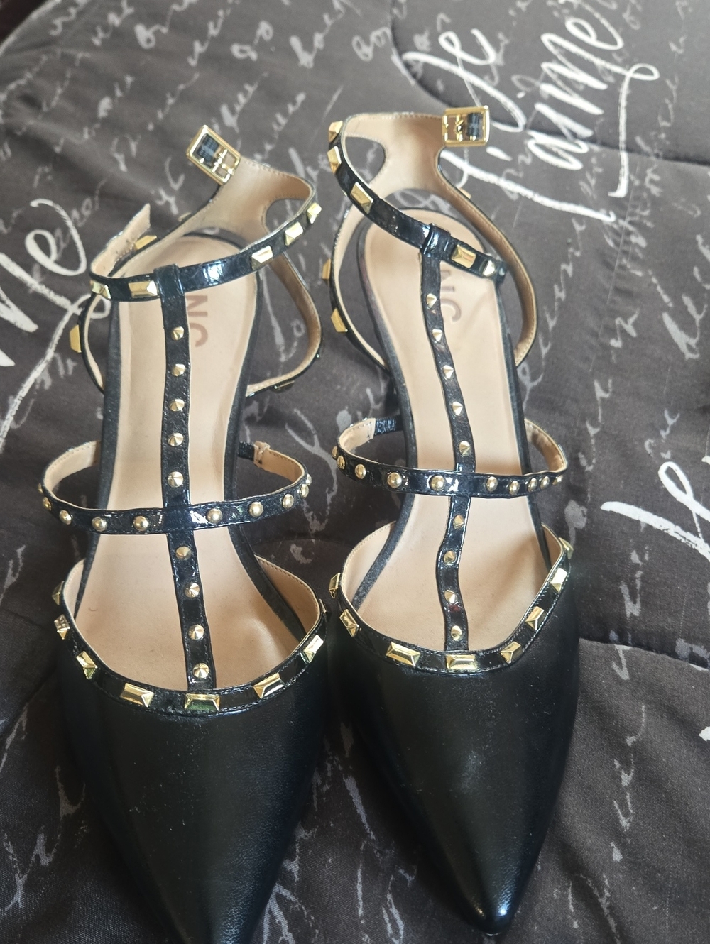 Studded Black Pointed T-Strap Women's Heels